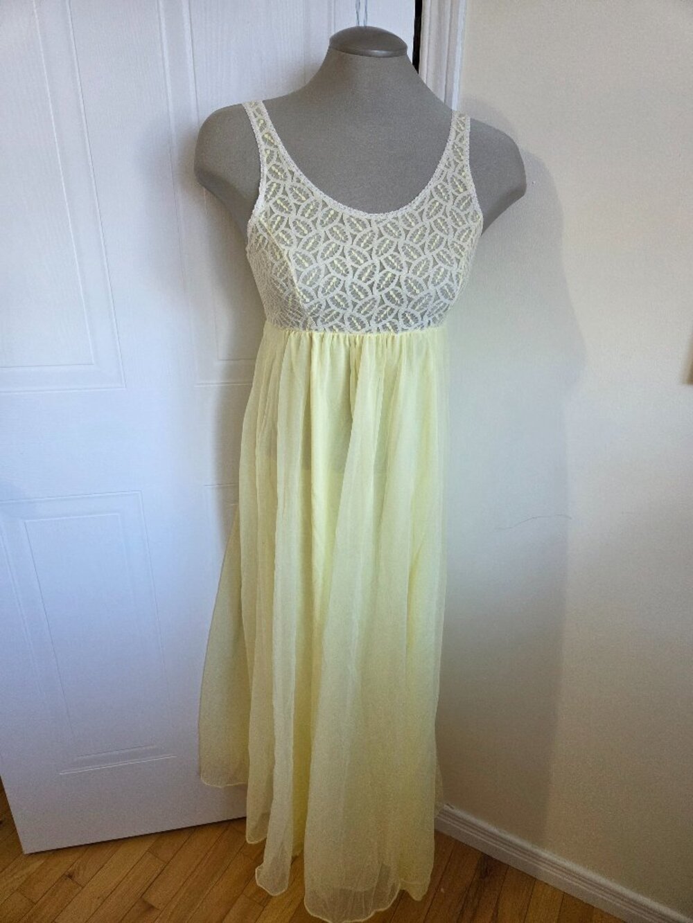 Vintage 70s Sheer Yellow Nightgown Lace Bodice Romantic Dress Ethereal